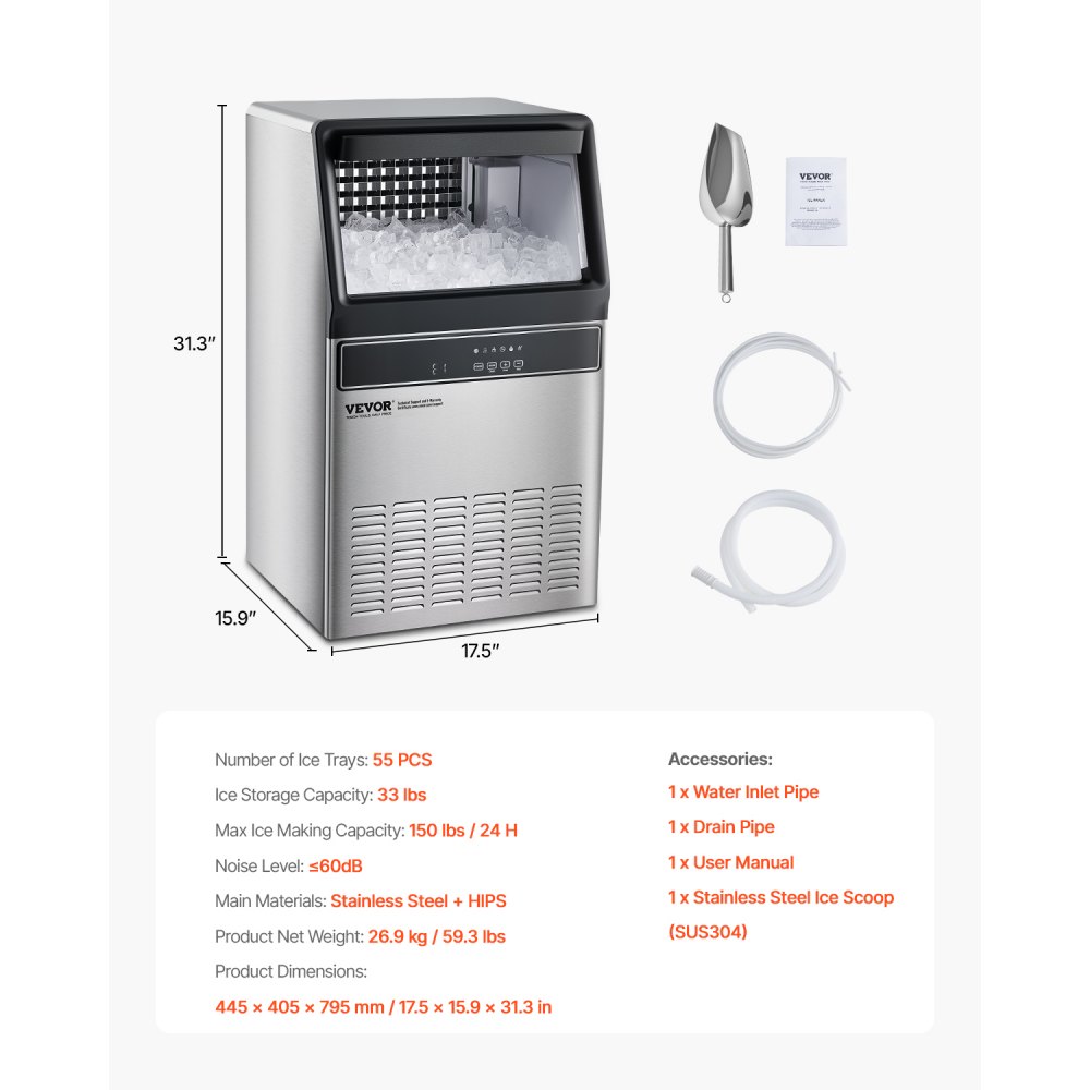 Máquina de hielo comercial VEVOR de 150 lb/24 h, 55 cubitos de hielo en 15 minutos, máquina de hielo independiente con gran capacidad de almacenamiento de 33 lb para bar, oficina, restaurante, con pantalla digital LED y autolimpieza.