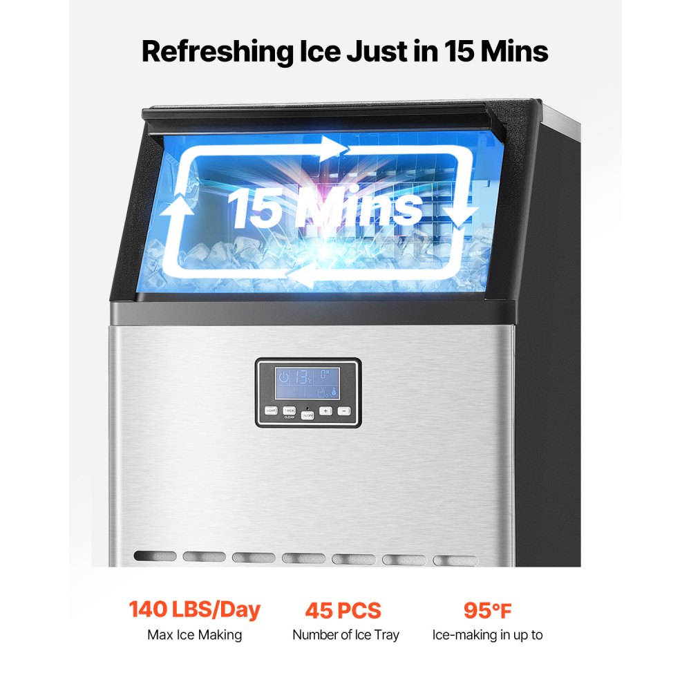 VEVOR 140lbs/24H Commercial Ice Maker, 45 Ice Cubes in 15 Minutes, Freestanding Ice Maker Machine with 33lbs Large Storage Capacity for Bar Office Restaurant, with LED Digital Display & Self-Cleaning