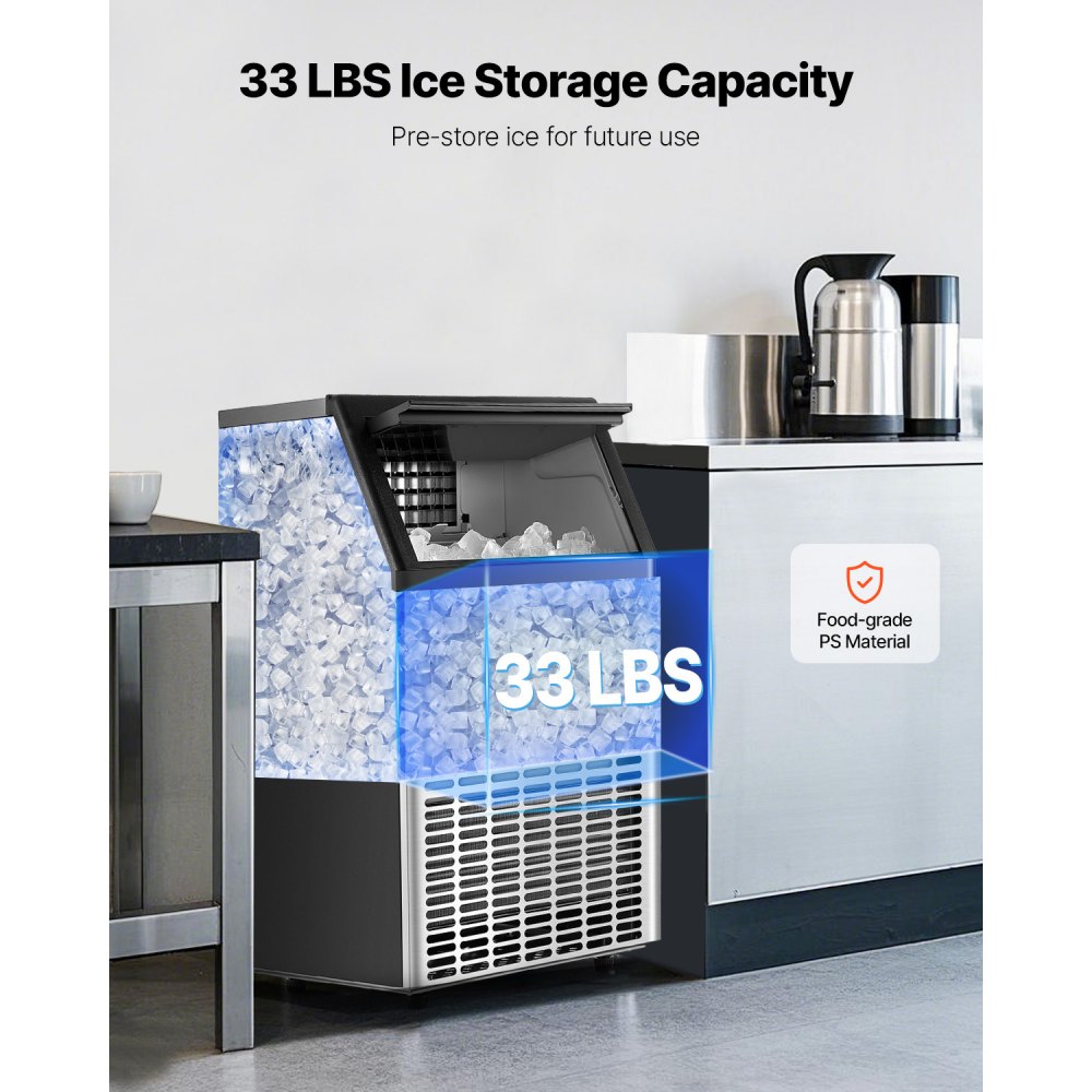 VEVOR 140lbs/24H Commercial Ice Maker, 45 Ice Cubes in 15 Minutes, Freestanding Ice Maker Machine with 33lbs Large Storage Capacity for Bar Office Restaurant, with LED Digital Display & Self-Cleaning