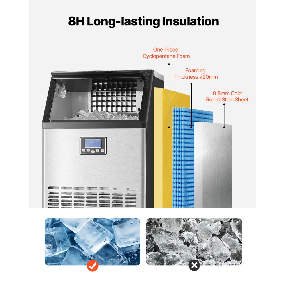 VEVOR 140lbs/24H Commercial Ice Maker, 45 Ice Cubes in 15 Minutes, Freestanding Ice Maker Machine with 33lbs Large Storage Capacity for Bar Office Restaurant, with LED Digital Display & Self-Cleaning