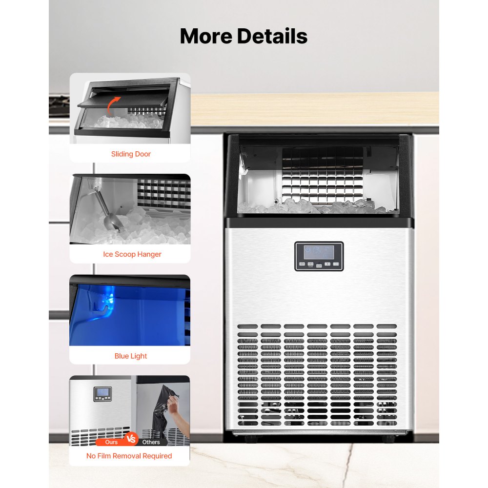 VEVOR 140lbs/24H Commercial Ice Maker, 45 Ice Cubes in 15 Minutes, Freestanding Ice Maker Machine with 33lbs Large Storage Capacity for Bar Office Restaurant, with LED Digital Display & Self-Cleaning