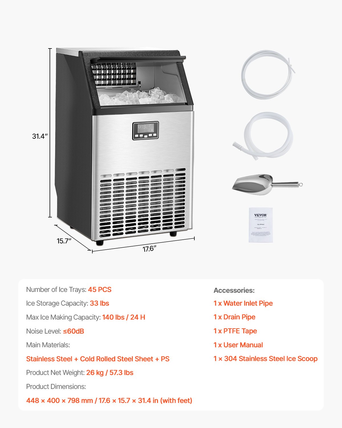 Máquina de gelo comercial VEVOR de 140 lbs/24 horas, 45 cubos de gelo em 15 minutos, máquina de gelo autônoma com grande capacidade de armazenamento de 33 lbs para bar, escritório, restaurante, com visor digital LED e autolimpante