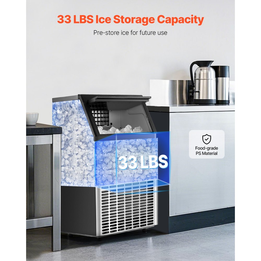 VEVOR 150lbs/24H Commercial Ice Maker, 45 Ice Cubes in 15 Minutes, Freestanding Ice Maker Machine with 33lbs Large Storage Capacity for Bar Office Restaurant, with LED Digital Display & Self-Cleaning