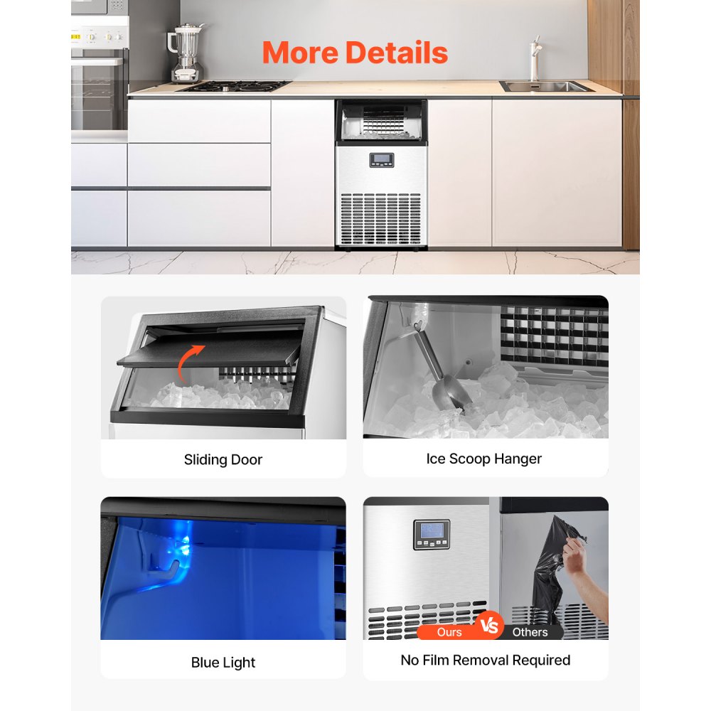 VEVOR 150lbs/24H Commercial Ice Maker, 45 Ice Cubes in 15 Minutes, Freestanding Ice Maker Machine with 33lbs Large Storage Capacity for Bar Office Restaurant, with LED Digital Display & Self-Cleaning