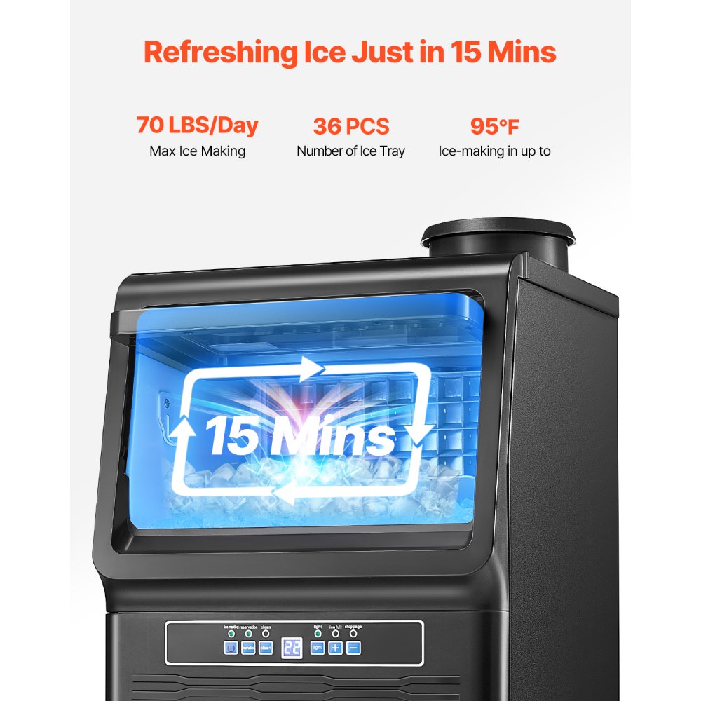 Máquina para fabricar hielo comercial VEVOR, 31 kg/24 h, capacidad de almacenamiento de 5,4 kg, 36 cubitos de hielo en 15 minutos, pantalla digital LED, autolimpiable, para bares, oficinas y restaurantes.