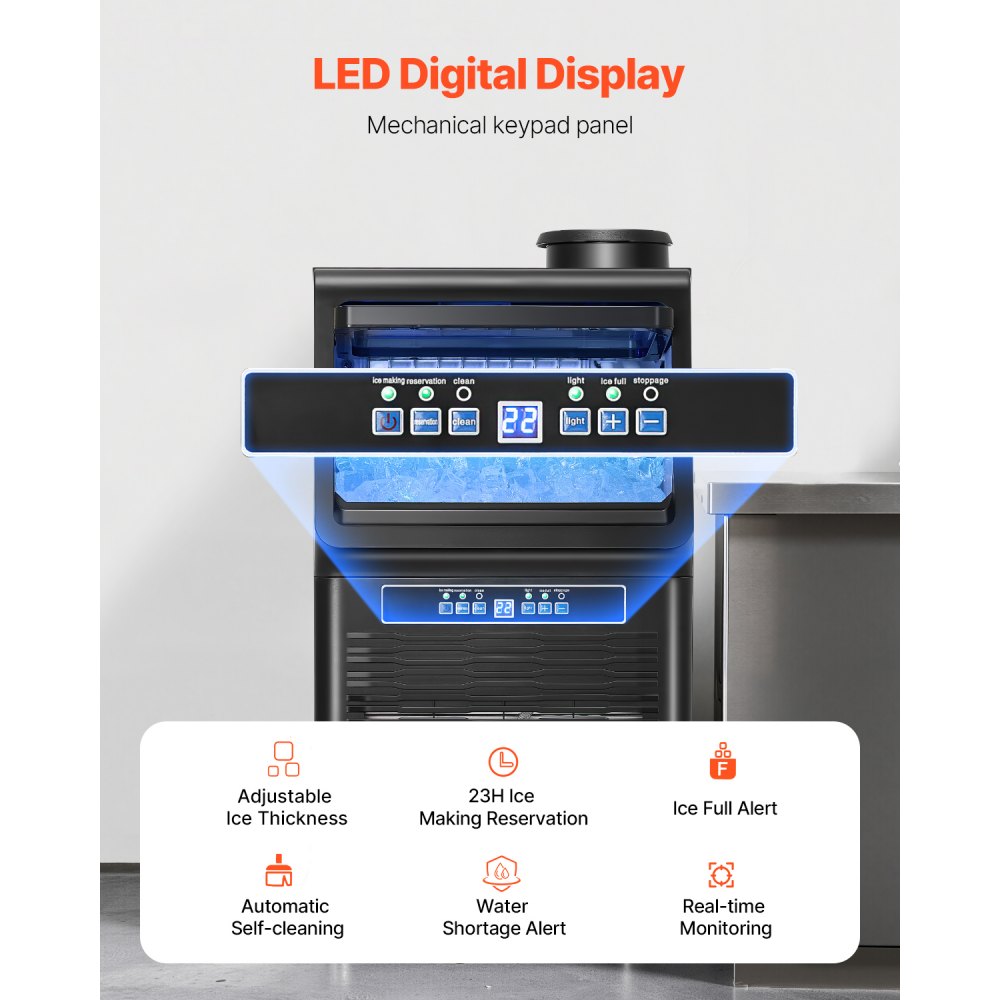 Máquina para fabricar hielo comercial VEVOR, 31 kg/24 h, capacidad de almacenamiento de 5,4 kg, 36 cubitos de hielo en 15 minutos, pantalla digital LED, autolimpiable, para bares, oficinas y restaurantes.