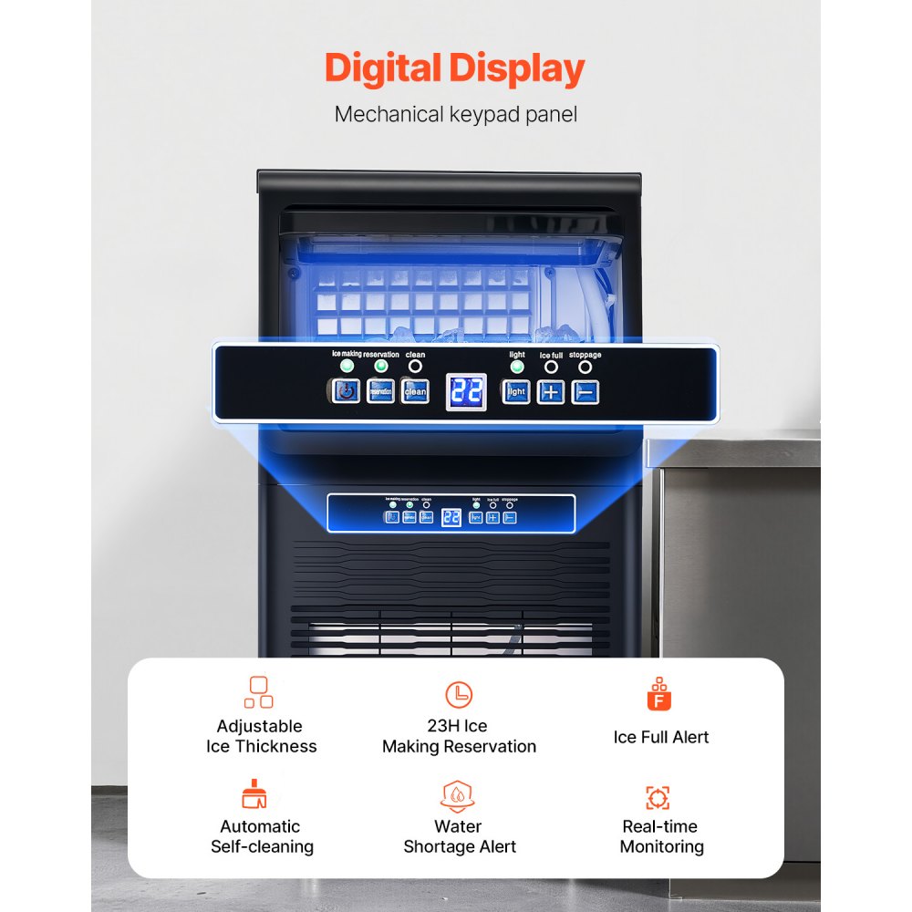 Máquina para fabricar hielo comercial VEVOR, 80 lb/24 h, con capacidad de almacenamiento de 12 lb, 36 cubitos de hielo en 15 minutos, pantalla digital LED, autolimpiable e independiente para bares, oficinas y restaurantes.