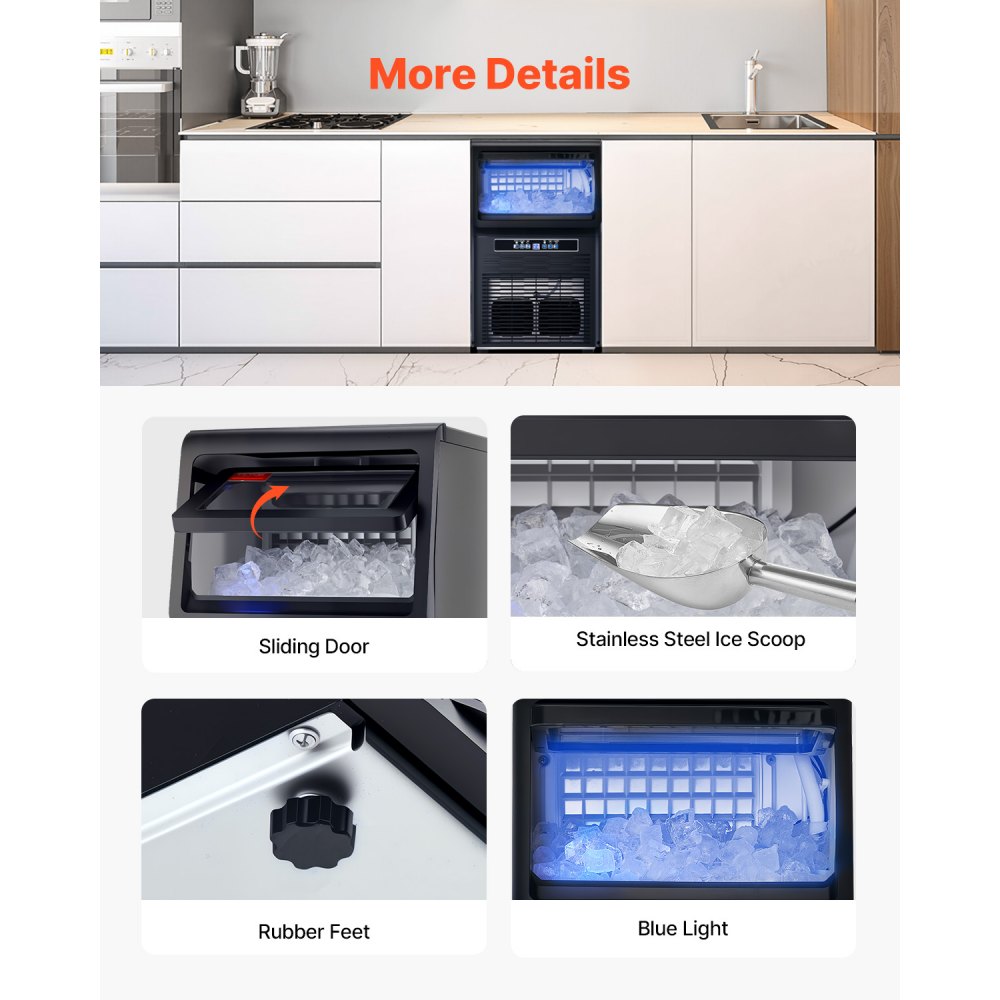 Máquina para fabricar hielo comercial VEVOR, 80 lb/24 h, con capacidad de almacenamiento de 12 lb, 36 cubitos de hielo en 15 minutos, pantalla digital LED, autolimpiable e independiente para bares, oficinas y restaurantes.