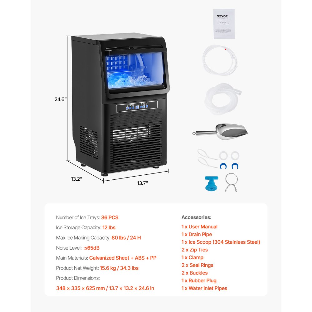 Máquina para fabricar hielo comercial VEVOR, 80 lb/24 h, con capacidad de almacenamiento de 12 lb, 36 cubitos de hielo en 15 minutos, pantalla digital LED, autolimpiable e independiente para bares, oficinas y restaurantes.