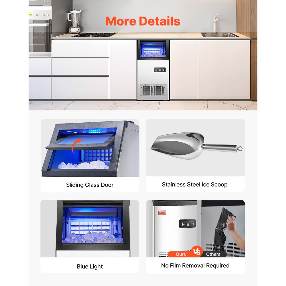 VEVOR Commercial Ice Maker Machine, 80lbs/24H Ice Maker Machine with 28lbs Storage Capacity, 36 Ice Cubes in 15 Minutes, LED Digital Display Freestanding Self-Cleaning for Bar Office Restaurant