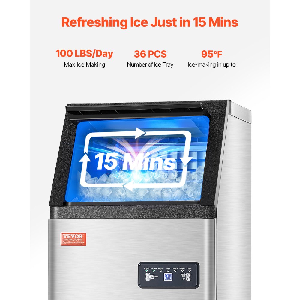 Máquina para fabricar hielo comercial VEVOR, 100 lb/24 h, capacidad de almacenamiento de 16 lb, 36 cubitos de hielo en 15 minutos, pantalla digital LED, autolimpiable, para bares, oficinas y restaurantes.