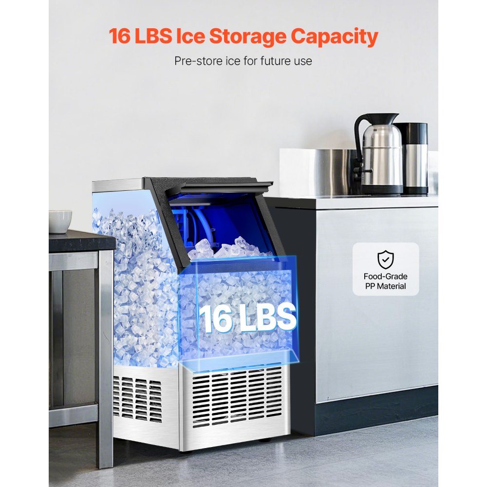 Máquina para fabricar hielo comercial VEVOR, 100 lb/24 h, capacidad de almacenamiento de 16 lb, 36 cubitos de hielo en 15 minutos, pantalla digital LED, autolimpiable, para bares, oficinas y restaurantes.