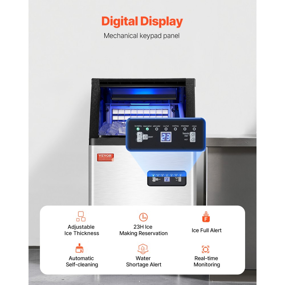 Máquina para fabricar hielo comercial VEVOR, 100 lb/24 h, capacidad de almacenamiento de 16 lb, 36 cubitos de hielo en 15 minutos, pantalla digital LED, autolimpiable, para bares, oficinas y restaurantes.