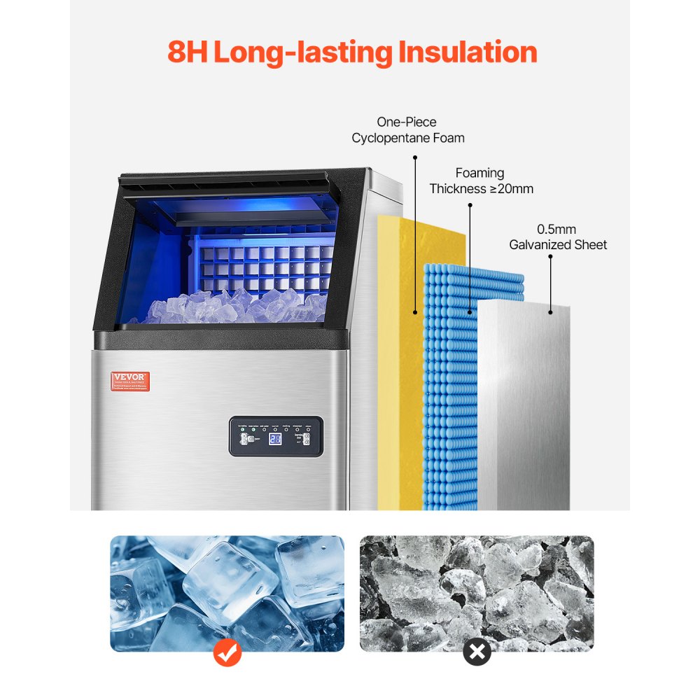 Máquina para fabricar hielo comercial VEVOR, 100 lb/24 h, capacidad de almacenamiento de 16 lb, 36 cubitos de hielo en 15 minutos, pantalla digital LED, autolimpiable, para bares, oficinas y restaurantes.