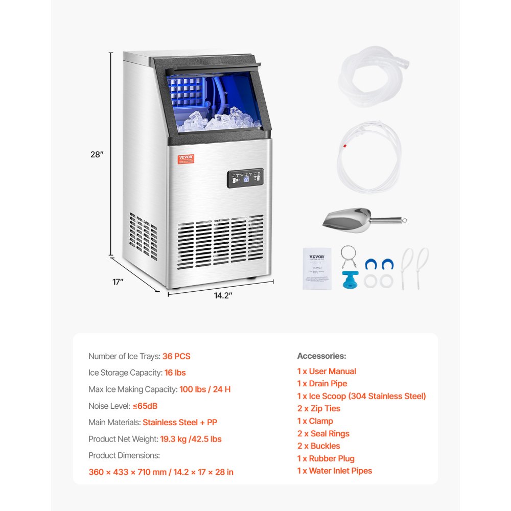 Máquina para fabricar hielo comercial VEVOR, 100 lb/24 h, capacidad de almacenamiento de 16 lb, 36 cubitos de hielo en 15 minutos, pantalla digital LED, autolimpiable, para bares, oficinas y restaurantes.