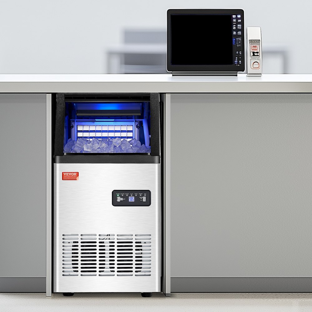 Máquina para fabricar hielo comercial VEVOR, 100 lb/24 h, capacidad de almacenamiento de 16 lb, 36 cubitos de hielo en 15 minutos, pantalla digital LED, autolimpiable, para bares, oficinas y restaurantes.