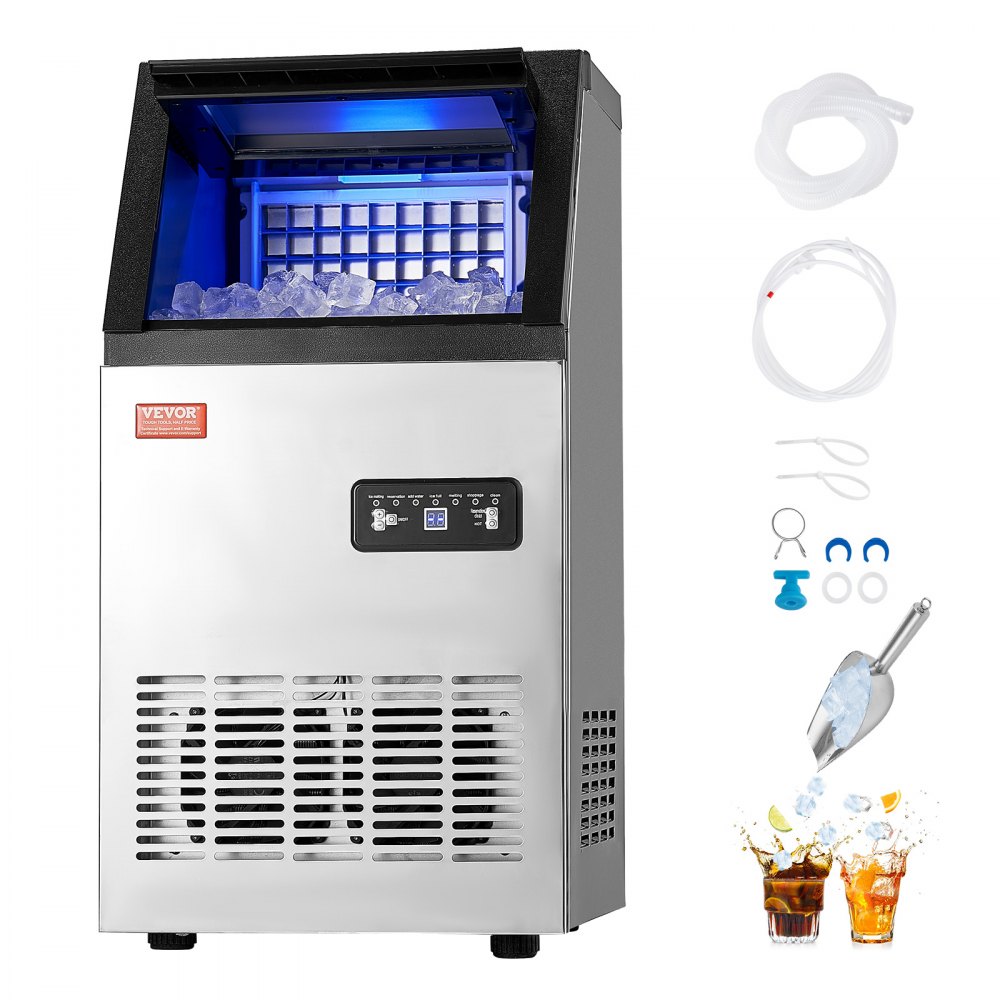 Máquina para fabricar hielo comercial VEVOR, 100 lb/24 h, capacidad de almacenamiento de 16 lb, 36 cubitos de hielo en 15 minutos, pantalla digital LED, autolimpiable, para bares, oficinas y restaurantes.