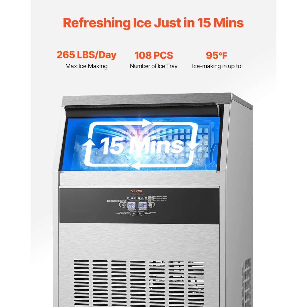 VEVOR 265lbs/24H Commercial Ice Maker, 108 Ice Cubes in 15 Minutes, Freestanding Ice Maker Machine with 66lbs Large Storage Capacity for Bar Office Restaurant, with LED Digital Display & Self-Cleaning