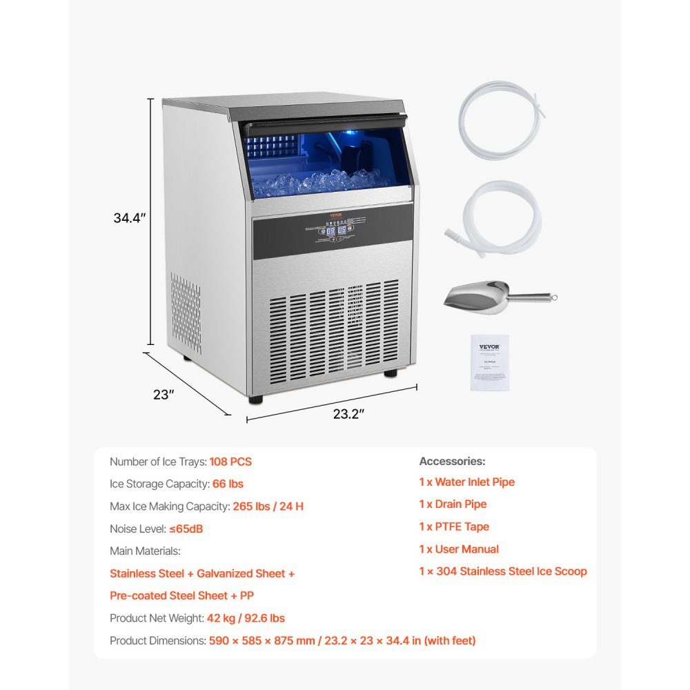 VEVOR 265lbs/24H Commercial Ice Maker, 108 Ice Cubes in 15 Minutes, Freestanding Ice Maker Machine with 66lbs Large Storage Capacity for Bar Office Restaurant, with LED Digital Display & Self-Cleaning