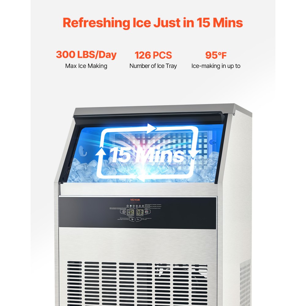 VEVOR 300lbs/24H Commercial Ice Maker, 126 Ice Cubes in 15 Minutes, Freestanding Ice Maker Machine with 88lbs Large Storage Capacity for Bar Office Restaurant, with LED Digital Display & Self-Cleaning