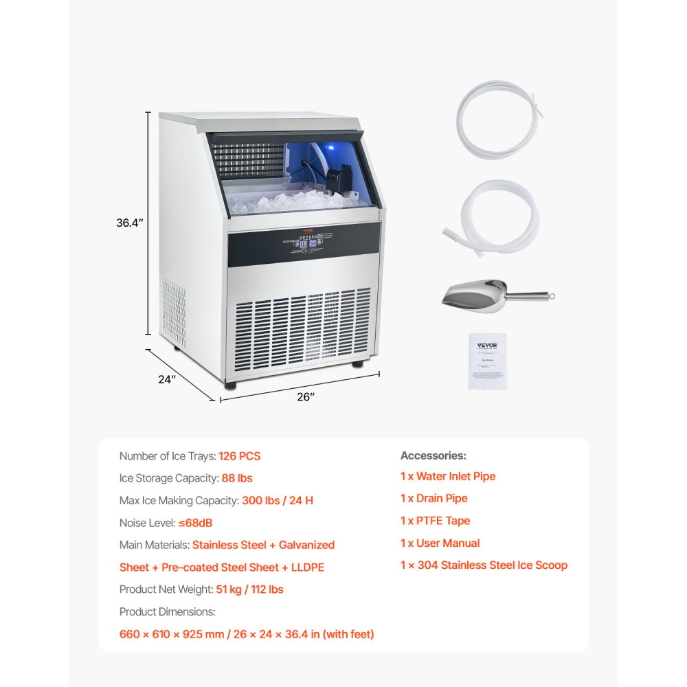 VEVOR 300lbs/24H Commercial Ice Maker, 126 Ice Cubes in 15 Minutes, Freestanding Ice Maker Machine with 88lbs Large Storage Capacity for Bar Office Restaurant, with LED Digital Display & Self-Cleaning