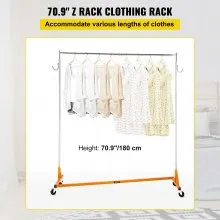 VEVOR Z Rack, Industrial Grade Z Base Garment Rack, Height Adjustable Rolling Z Garment Rack, Sturdy Steel Z Base Clothing Rack w/ Lockable Casters for Home Garment Store Display Commercial Use Orange