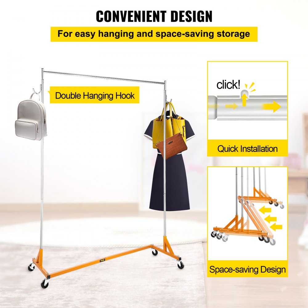VEVOR z base garment rack with double hooks, quick installation, and space-saving design.