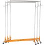 VEVOR z base garment rack with orange and silver frame, hooks, and wheels.