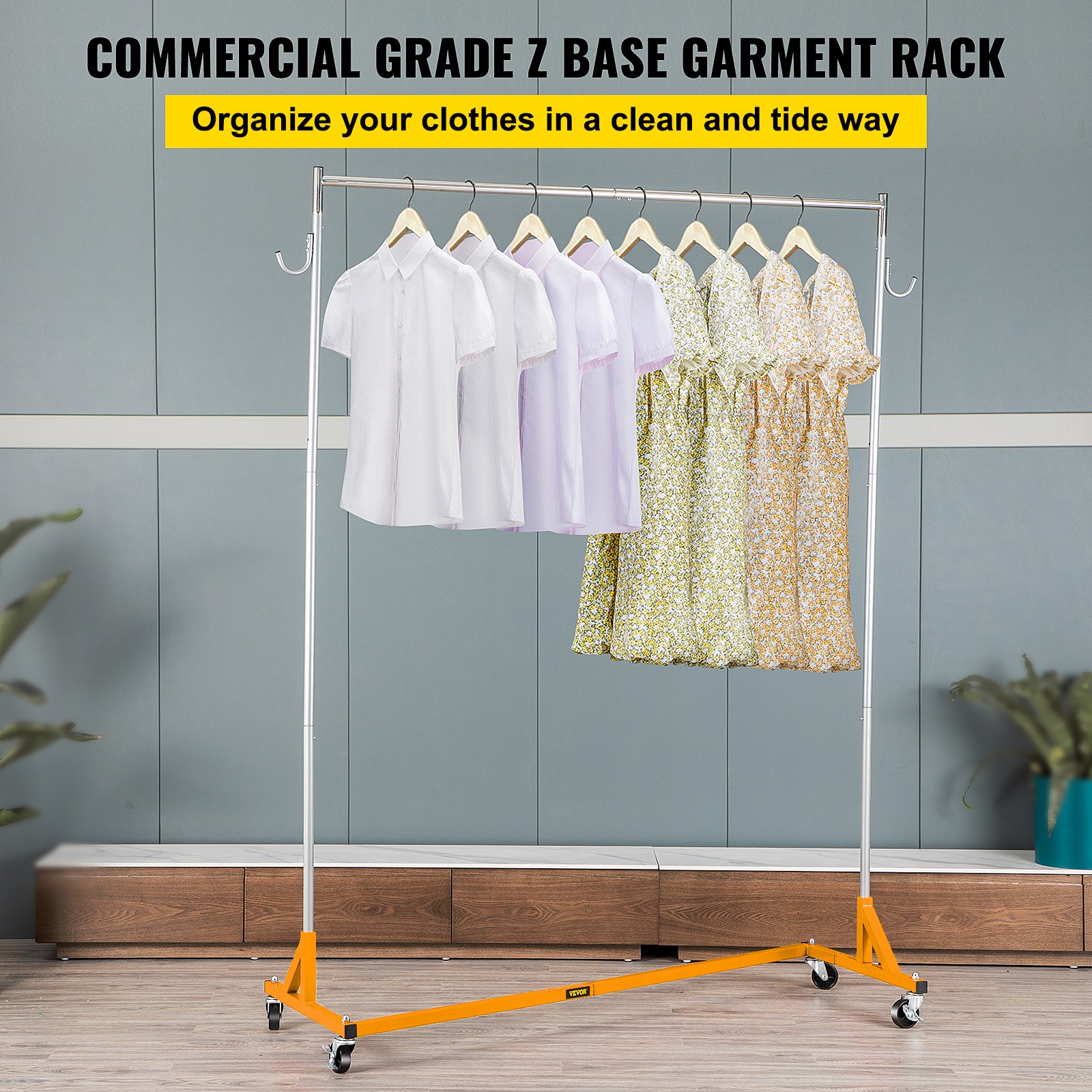 VEVOR z base garment rack holding shirts and dresses with hooks on both sides