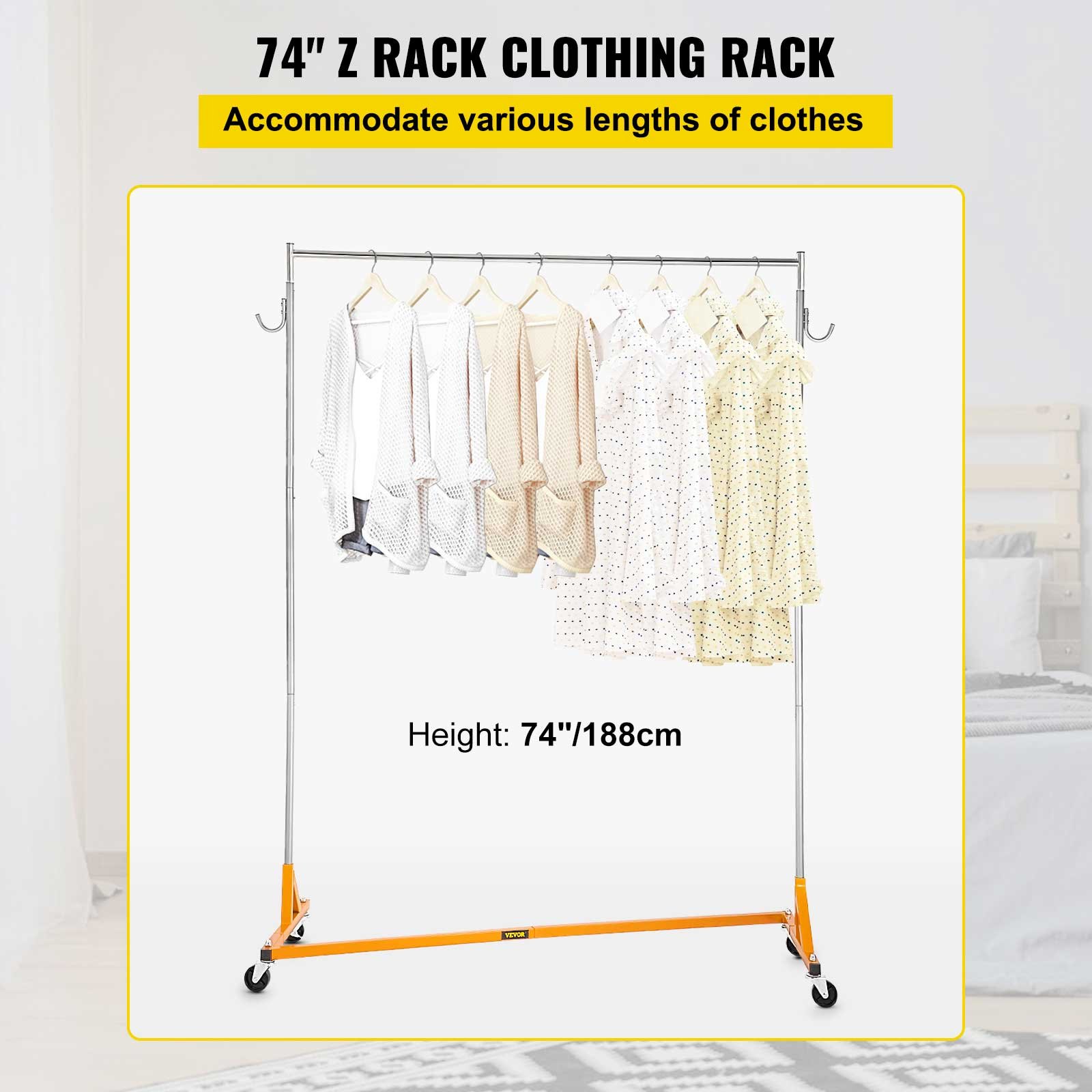 VEVOR z base garment rack holds various clothes, height: 74&quot;/188cm.