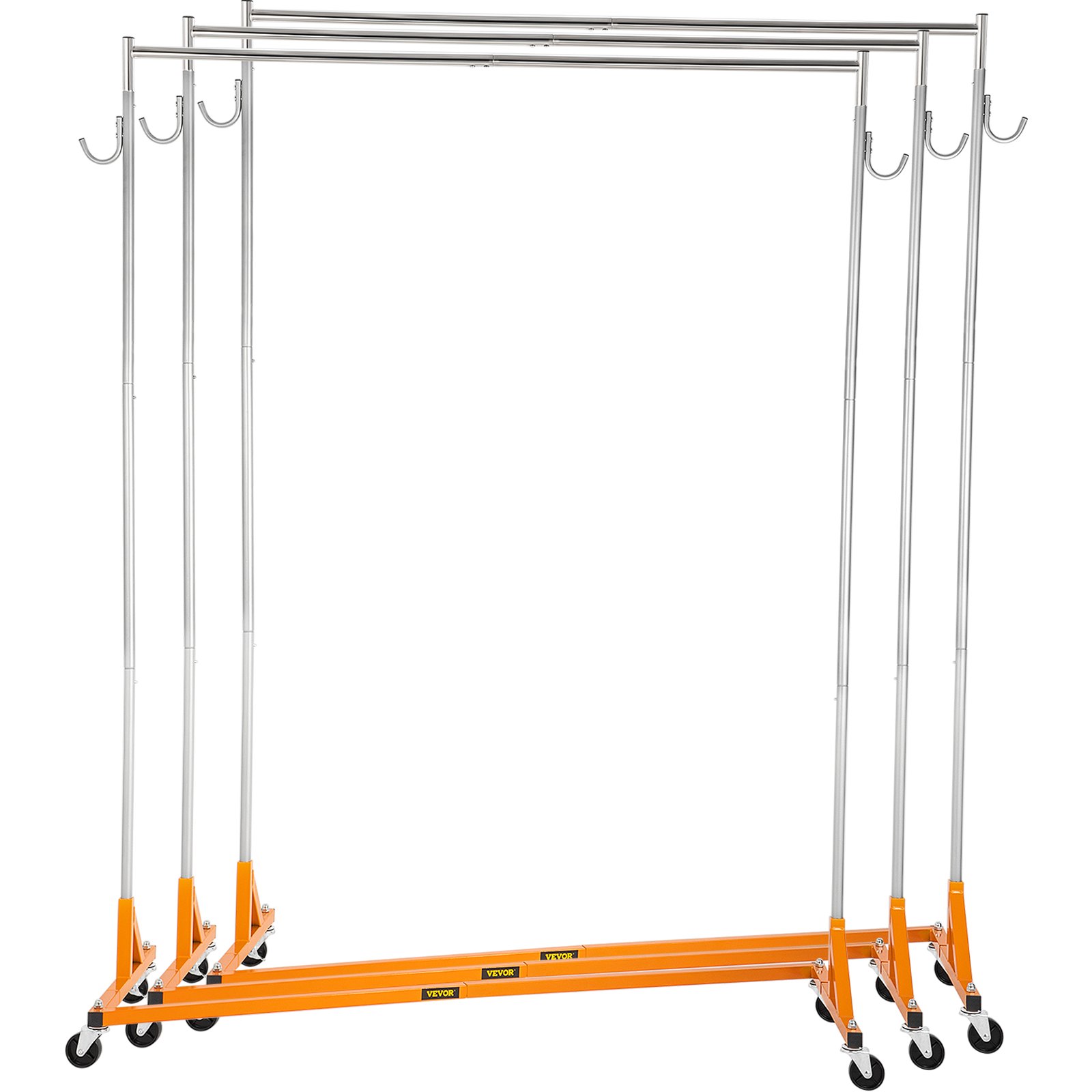 VEVOR z base garment rack with orange and silver frame, hooks, and wheels.