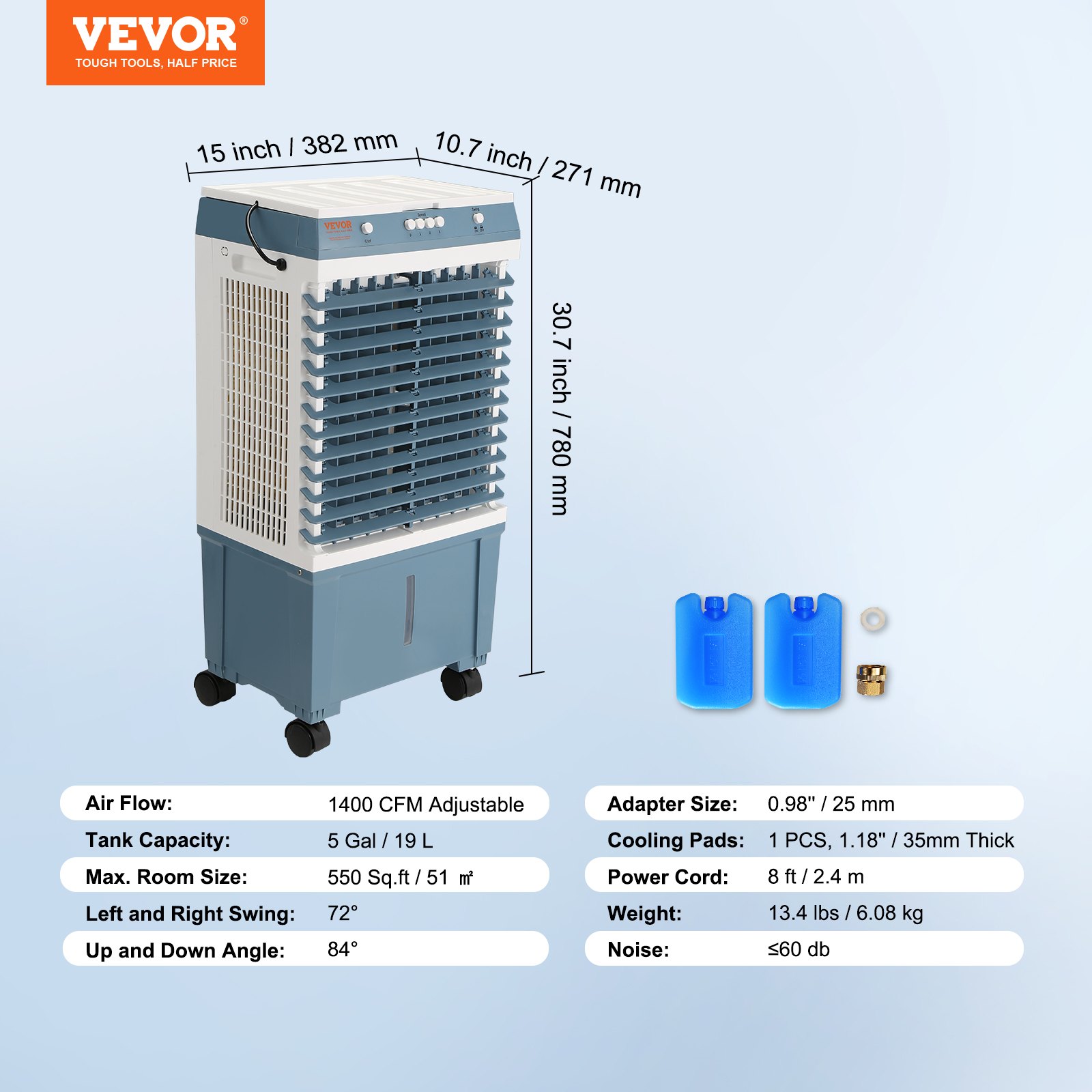 VEVOR Evaporative Cooler, 1400 CFM Air Cooler, 84° Oscillating Swamp Cooler ,5 Gal Portable Air Cooler for 550 Sq.ft with 3 Speeds Adjustable Control, Indoor Outdoor Use, FCC Listed