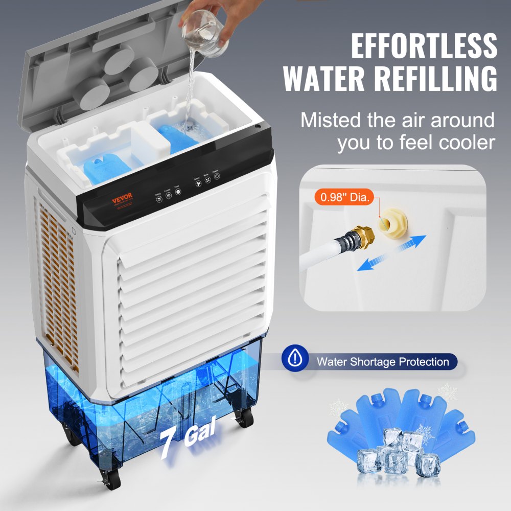 VEVOR Evaporative Air Cooler, 2100 CFM, 135° Oscillating Swamp Cooler with Adjustable 3 Speeds and 12 H Timer, 7 Gal Portable Air Cooler for 750 Sq.ft, Indoor/Outdoor Use, FCC Listed
