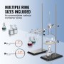 VEVOR lab stand with multiple ring sizes, supporting various flask sizes, and a burner below.