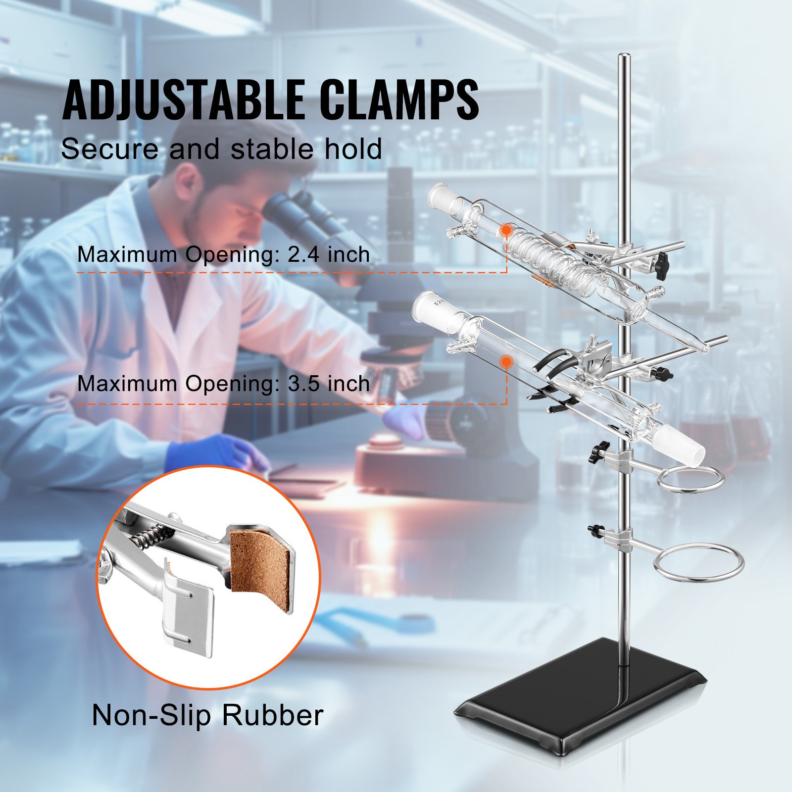 VEVOR lab stand with adjustable clamps, secure hold, maximum openings of 2.4 and 3.5 inches, non-slip rubber.