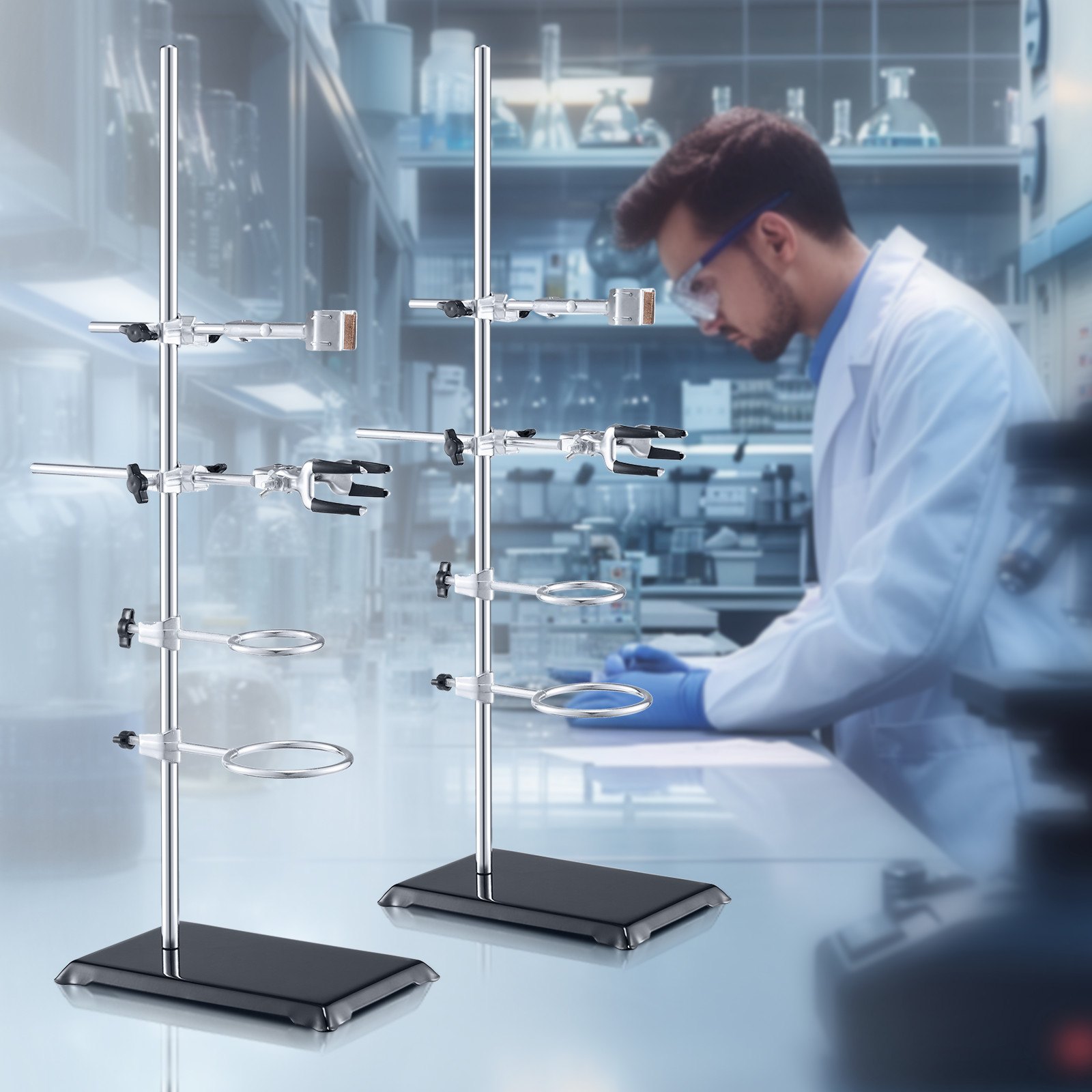 VEVOR lab stand in a modern laboratory, featuring adjustable clamps and rings for scientific experiments.