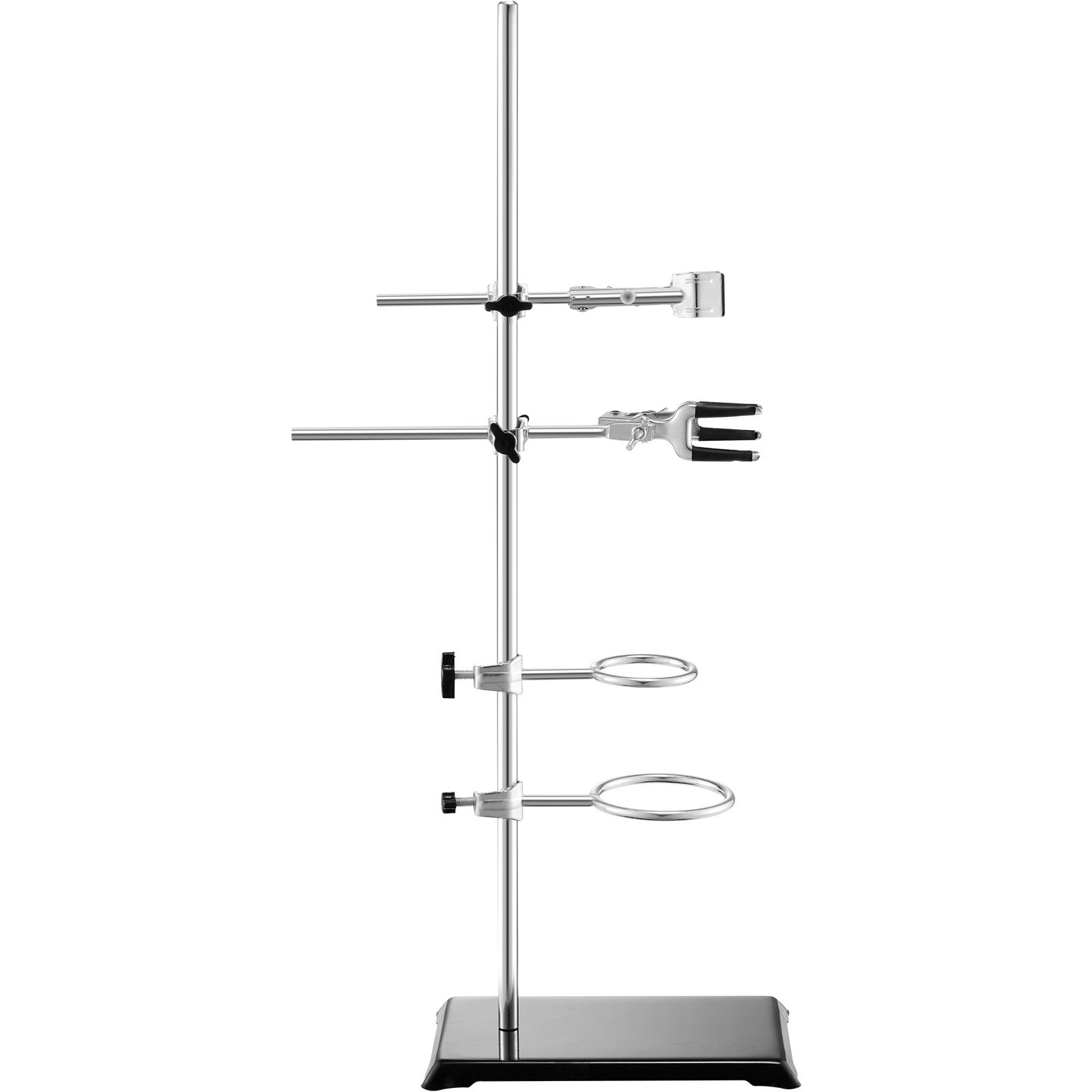 VEVOR lab stand with adjustable clamps and support rings on a black base for laboratory use.