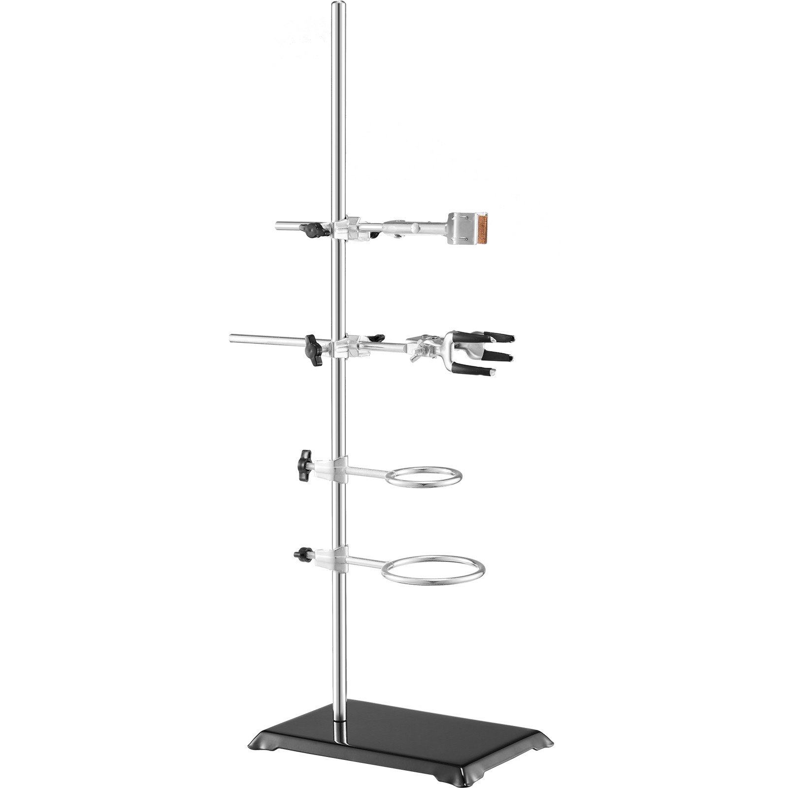 VEVOR lab stand with clamps and rings, featuring a stainless steel rod and a sturdy black base.