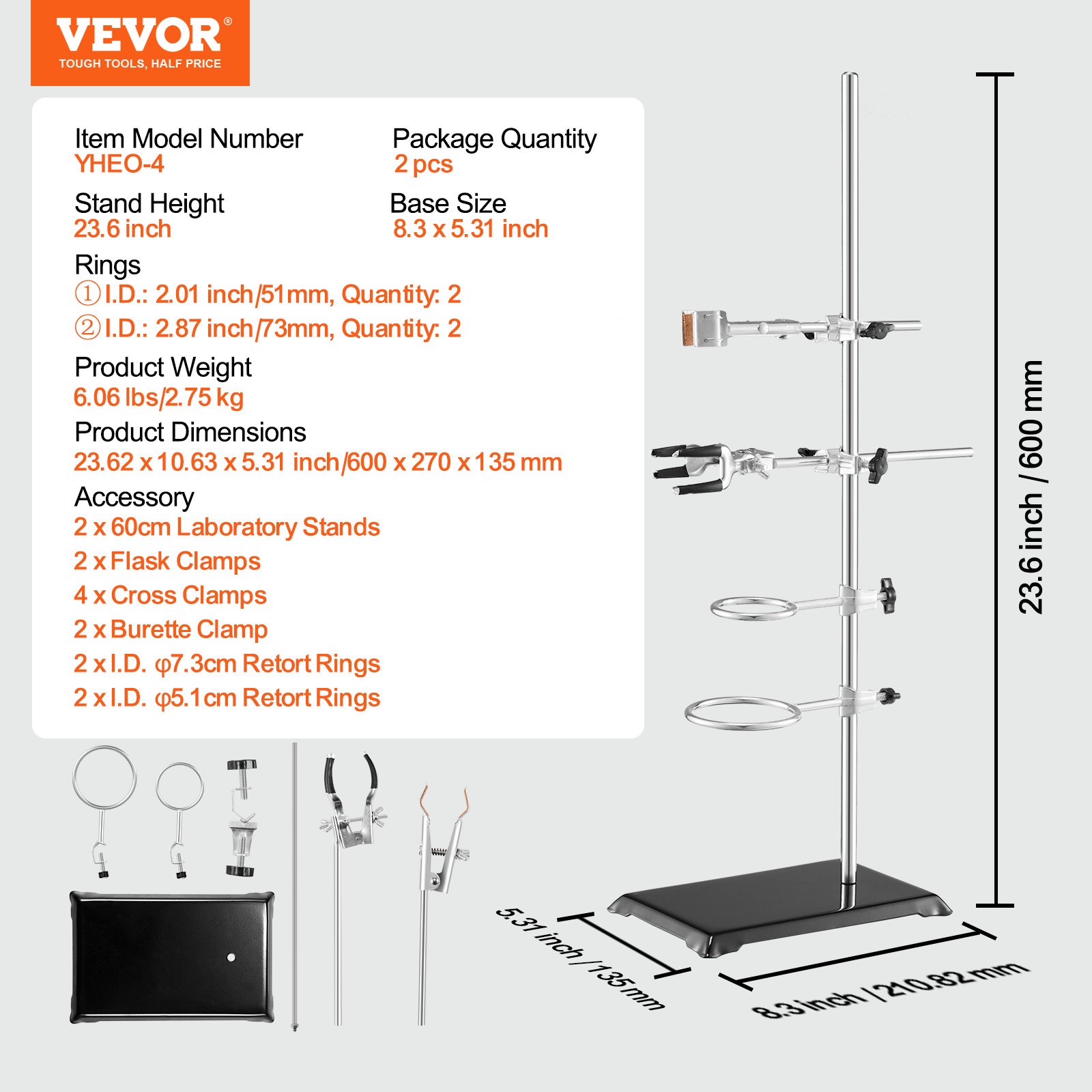 VEVOR Lab Stand Support, Laboratory Retort Support Stand 2 Sets, Steel Lab Stand 59.9 cm Rod and 21.1 x 13.5 cm Cast Iron Base, Includes Flask Clamps, Burette Clamps and Cross Clamps