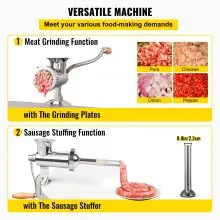 VEVOR Manual Meat Grinder, All Parts Stainless Steel, Hand Operated Meat Grinding Machine with Tabletop Clamp, 2 Grinding Plates & Sausage Stuffer, Ideal for Home Kitchen Restaurant Butcher’s Shop