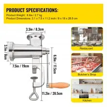VEVOR Manual Meat Grinder, All Parts Stainless Steel, Hand Operated Meat Grinding Machine with Tabletop Clamp, 2 Grinding Plates & Sausage Stuffer, Ideal for Home Kitchen Restaurant Butcher’s Shop