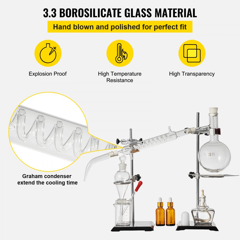 VEVOR Distillation Apparatus Kit 500ml Essential Oil Distiller Fractional Distillation Kit Lab Glassware Distillation Apparatus Short Path Distillation Kit Organic Chemistry Glassware Kit