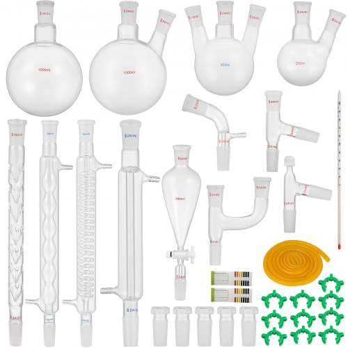 VEVOR New Laboratory Glassware 24/40 Chemistry Glassware 32PCS Chemistry Lab Glassware Kit 250 1000ml for Distillations Separation Purification Synthe（24/40, 32PCS）