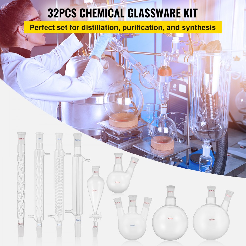 VEVOR New Laboratory Glassware 24/40 Chemistry Glassware 32PCS Chemistry Lab Glassware Kit 250 1000ml for Distillations Separation Purification Synthe（24/40, 32PCS）