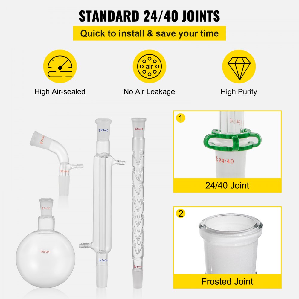 VEVOR New Laboratory Glassware 24/40 Chemistry Glassware 32PCS Chemistry Lab Glassware Kit 250 1000ml for Distillations Separation Purification Synthe（24/40, 32PCS）