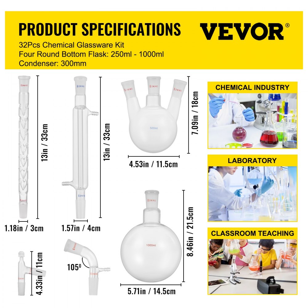 VEVOR New Laboratory Glassware 24/40 Chemistry Glassware 32PCS Chemistry Lab Glassware Kit 250 1000ml for Distillations Separation Purification Synthe（24/40, 32PCS）