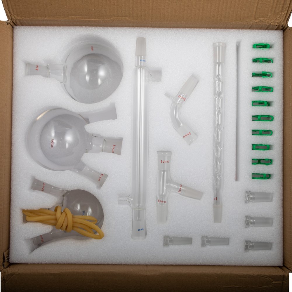 VEVOR New Laboratory Glassware 24/40 Chemistry Glassware 32PCS Chemistry Lab Glassware Kit 250 1000ml for Distillations Separation Purification Synthe（24/40, 32PCS）