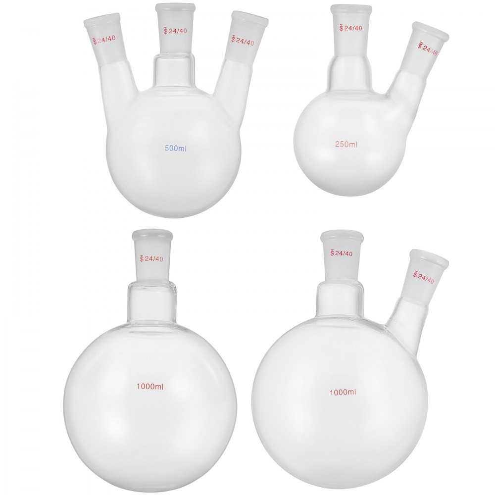 VEVOR chemistry glassware kit with four round-bottom flasks of varying sizes.