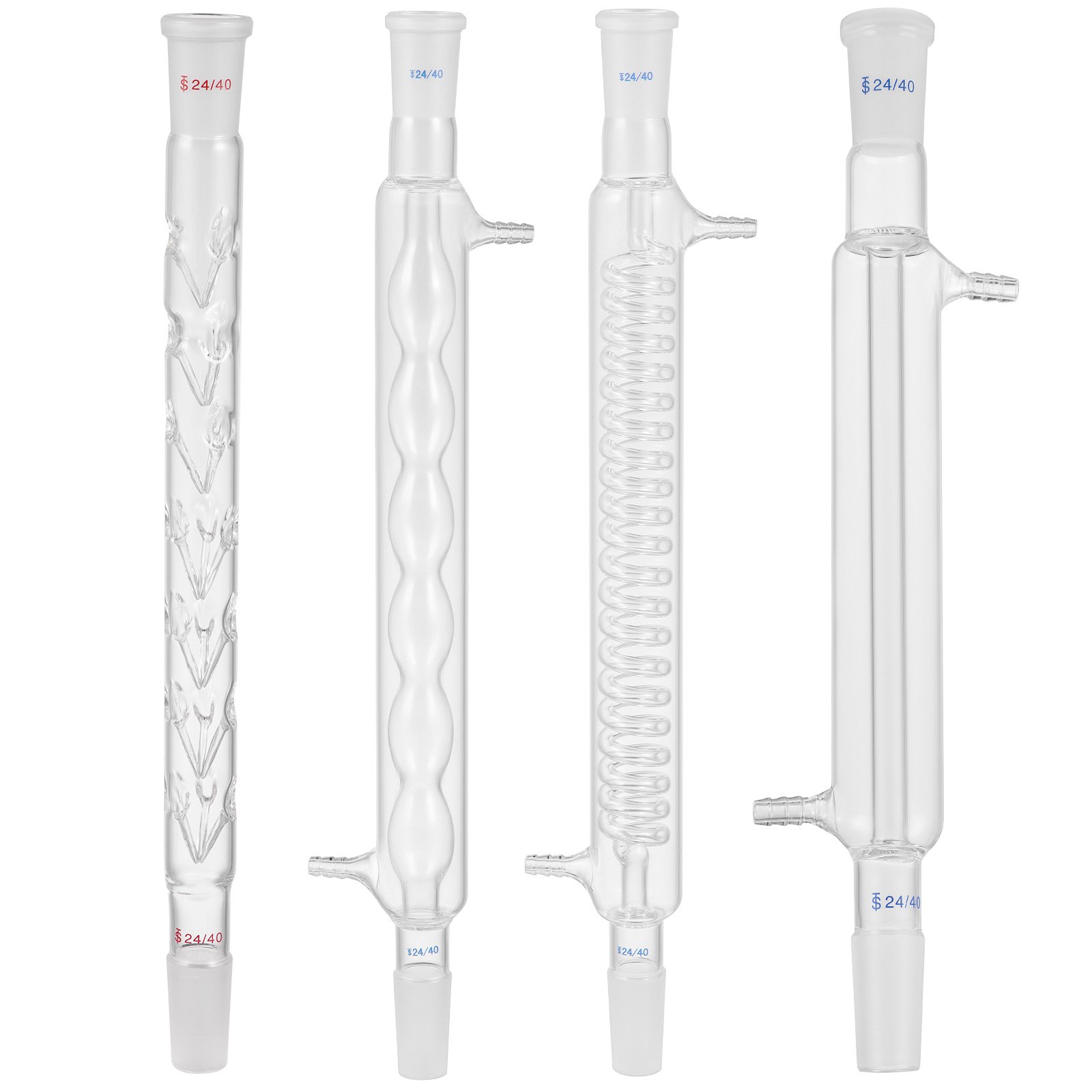four glass condensers from the VEVOR chemistry glassware kit, each with different coil designs.