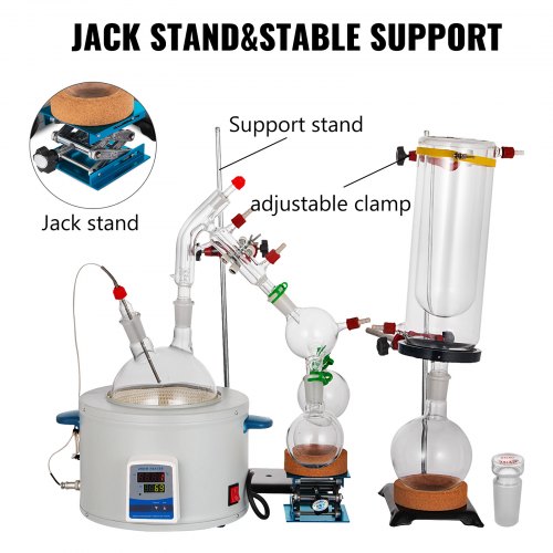 VEVOR Short Path Distillation Kit 2000ml Distillation Apparatus with Cold Trap and Heating Mantle Max. 380℃ Borosilicate Glass Lab Glassware Lab Distillation Glassware Apparatus with Adjustable Height